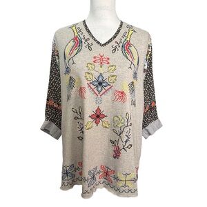 John Mark Cross Stitch Embroidered Pheasant Floral Tunic Mixed Media Art To Wear